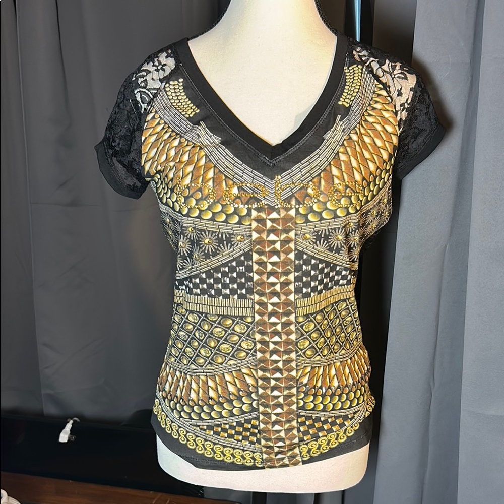 Bebe Gold Black Graphic Fitted Short Sleeve Tee